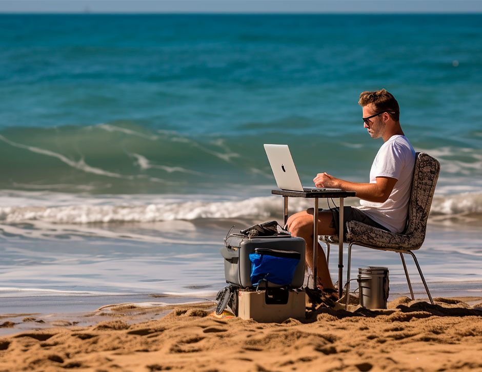 A digital nomad is seen on a beach in Mexico, with their table, laptop, and chair.