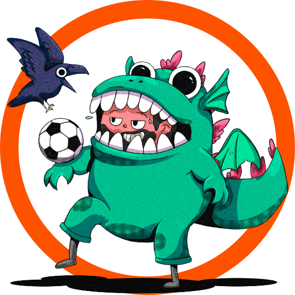 Guillermo Lara disfrazado con botarga de dragón, mientras juega fútbol con un cuervo