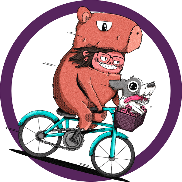 Ilustración de Michel Mendoza López, Head of Content, disfrazada con una botarga de capibara, mientras anda en bicicleta, con su perro en la canastilla