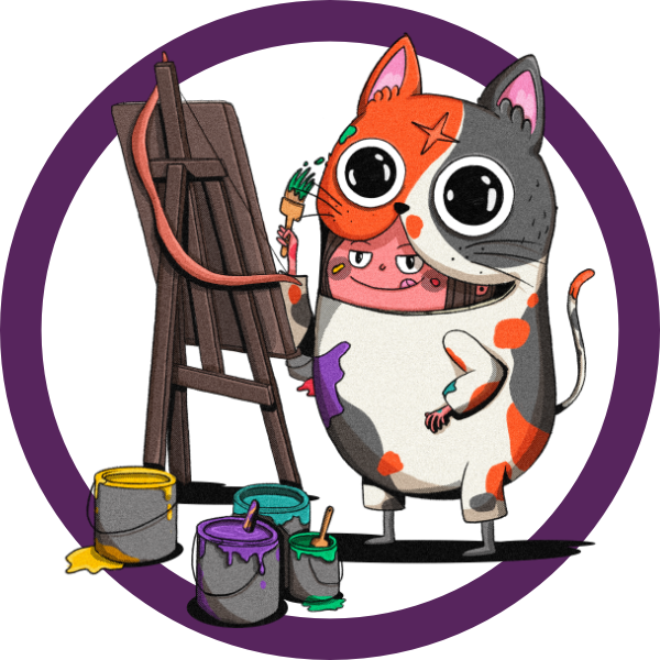 Ilustración de Paola Maldonado disfrazada con botarga de gato mientras pinta en un caballete