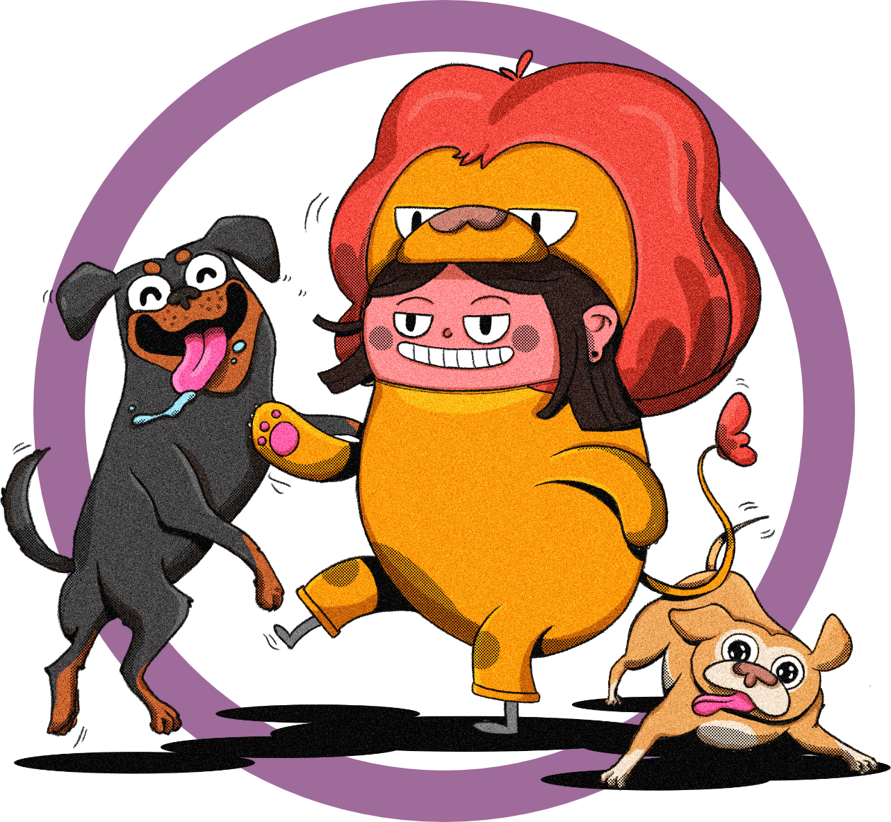 Ilustración de Tonantzin Arana disfrazada con una botarga de león mientras juega con sus dos perros