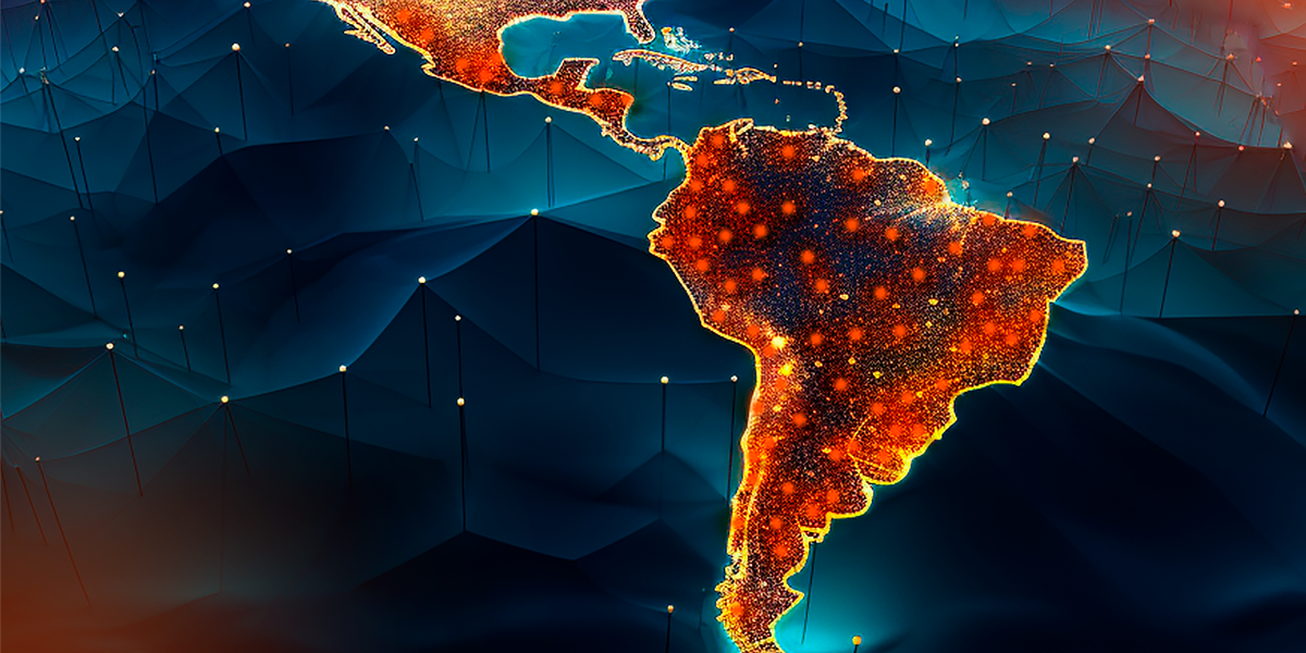 Map of Latin America with many orange lights and a blue background.