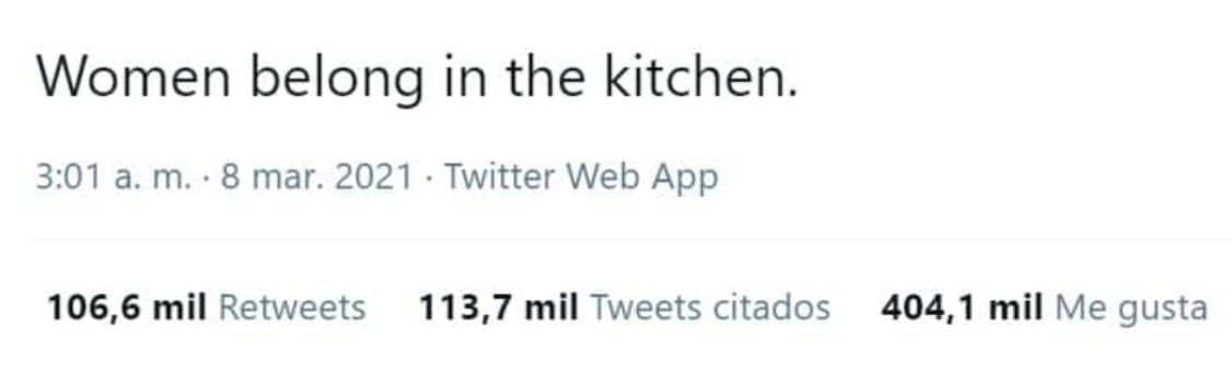 Imagen de un tuit de una empresa diciendo que las mujeres pertenecen a la cocina.
