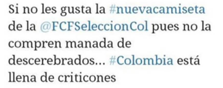 Imagen de un tuit donde una marca contesta las críticas de una de las playeras de la selección de Colombia.