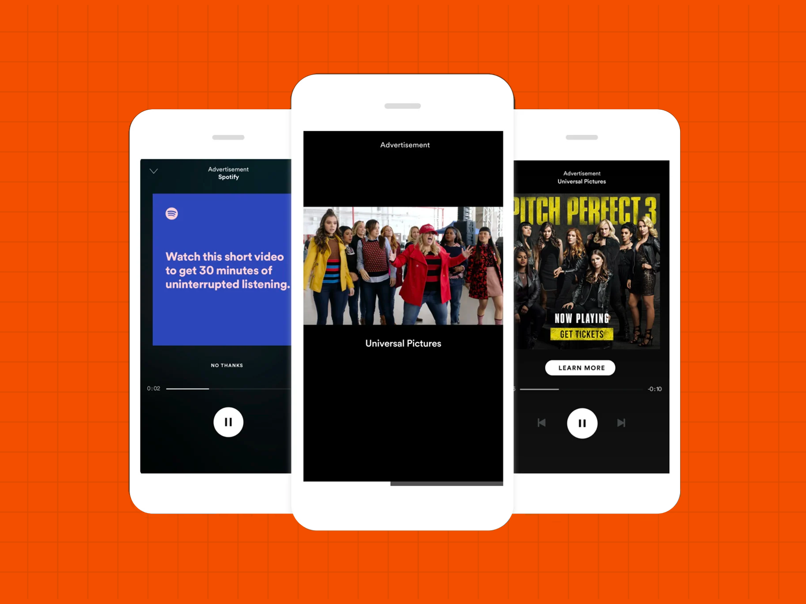 Tipo de anuncios en Spotify, anuncio de audio. Tres smartphones con imagen.