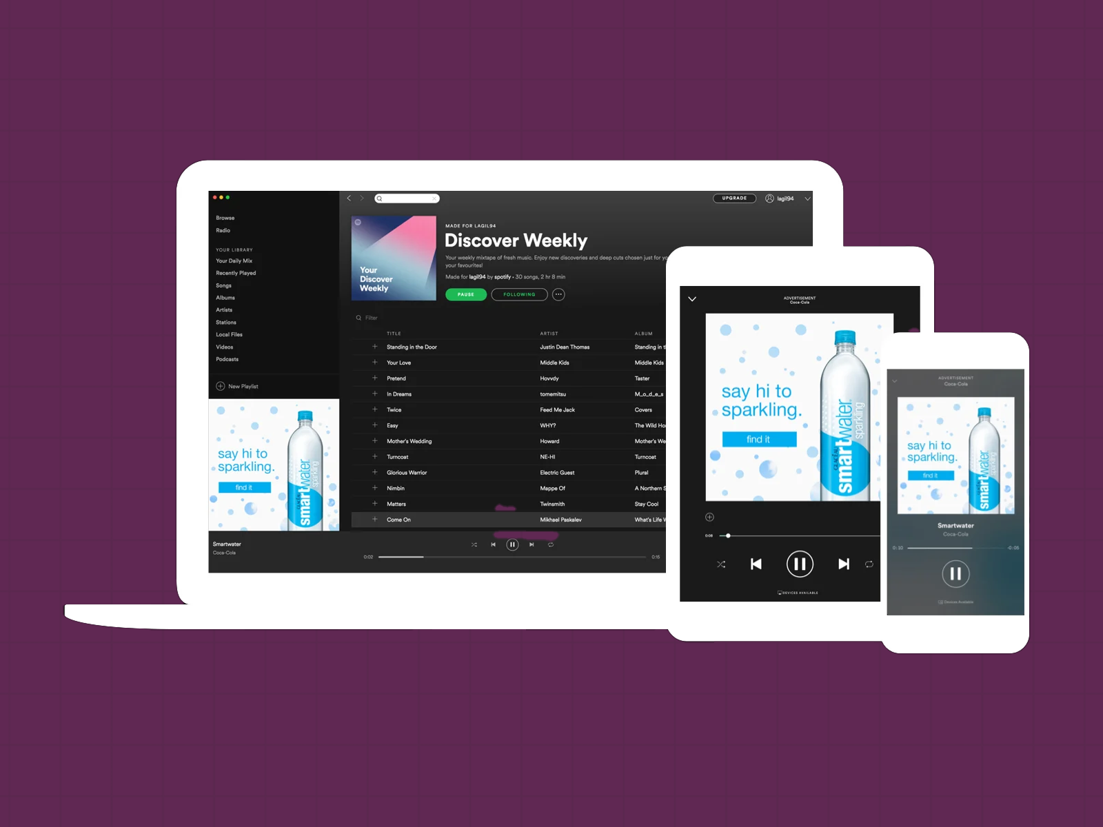 Anuncio multiformato de Spotify. Computadora, tablet y smarthphone con imagen. 