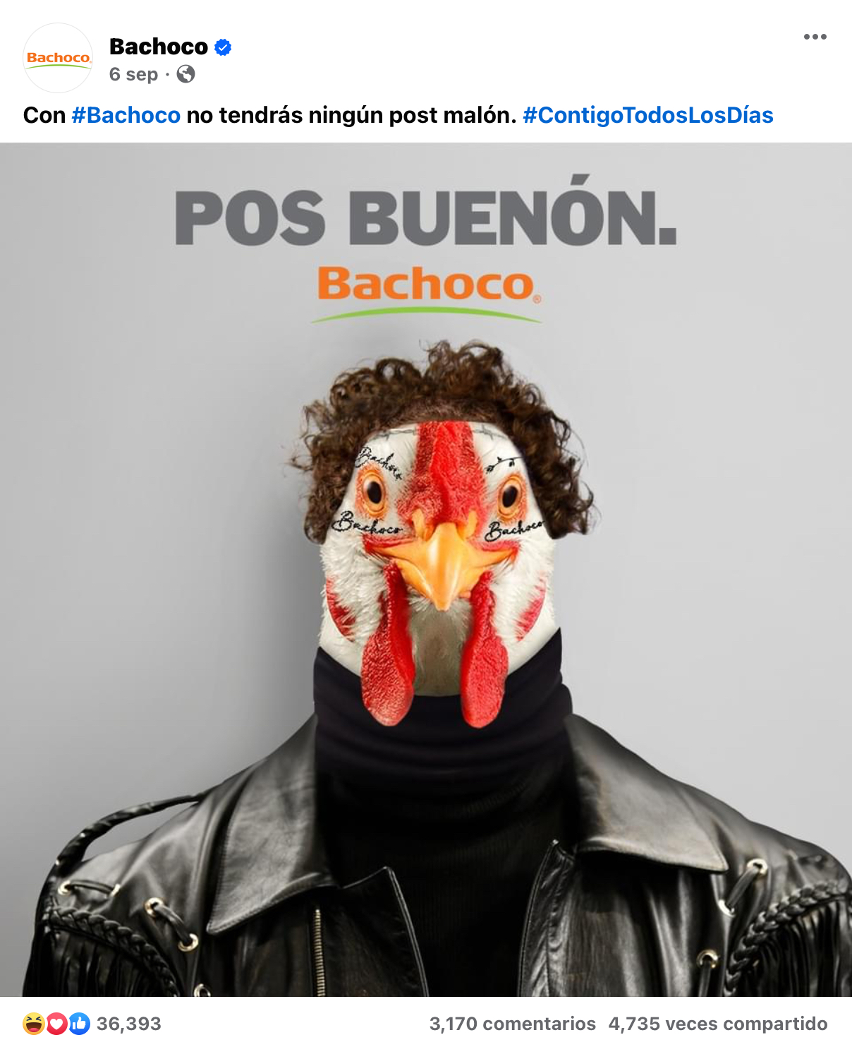 Anuncio para publicidad en redes sociales de Bachoco haciendo referencia al artista Post Malon en forma de gallo con el texto POS BUENÓN.