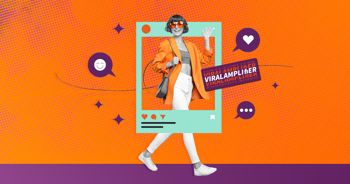 Imagen con un fondo naranja, una mujer dentro de un recuadro simulando el margen de un post de Instagram y a un lado, un corazón, una cara feliz, tres puntos y 4 rombos.